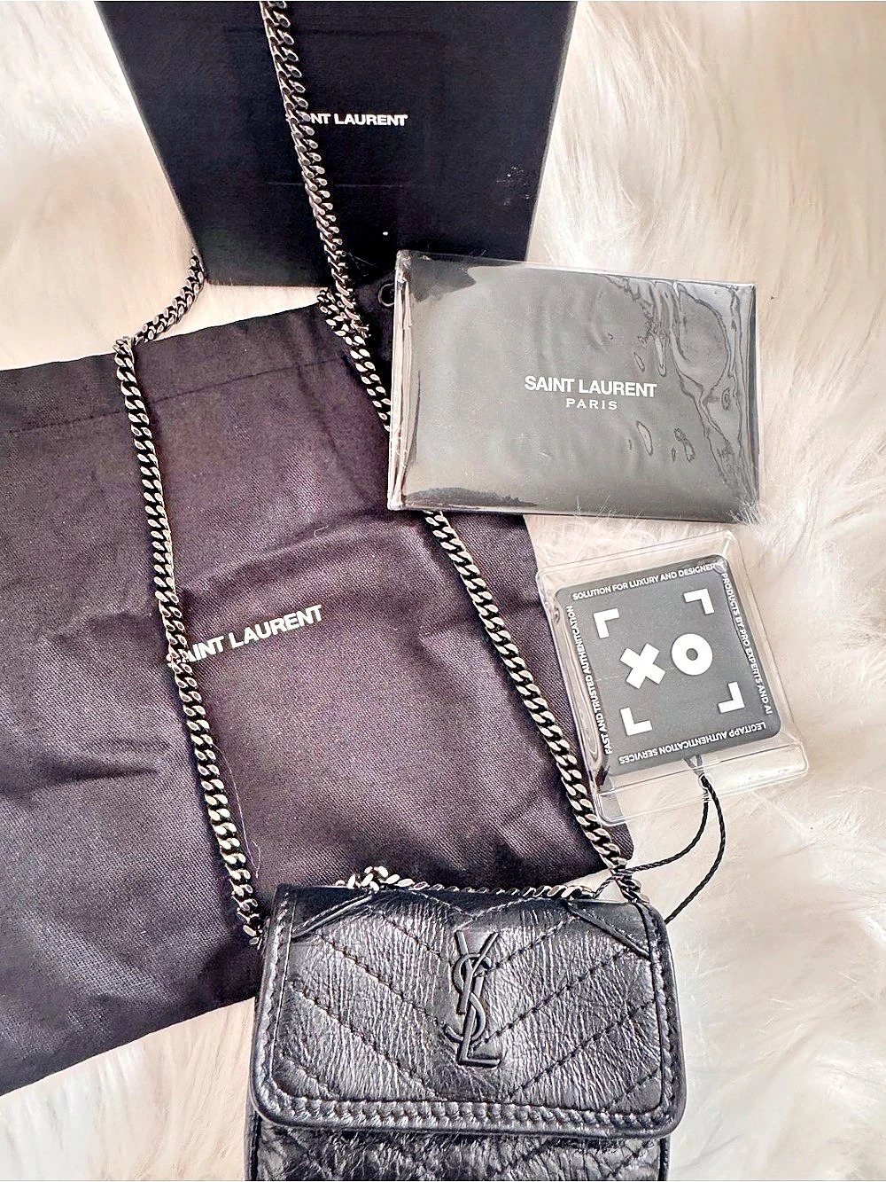 Saint Laurent Micro Niki AirPods Case in Crinkled Calfskin Crossbody Bag Black
